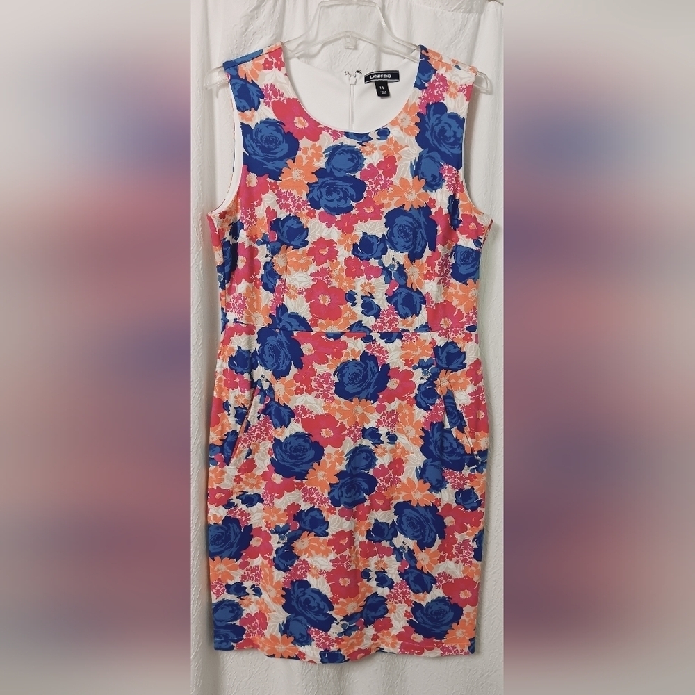 Lands End Sleeveless Ponte Sheath Dress Multicolored Botanical Women's Size 14
